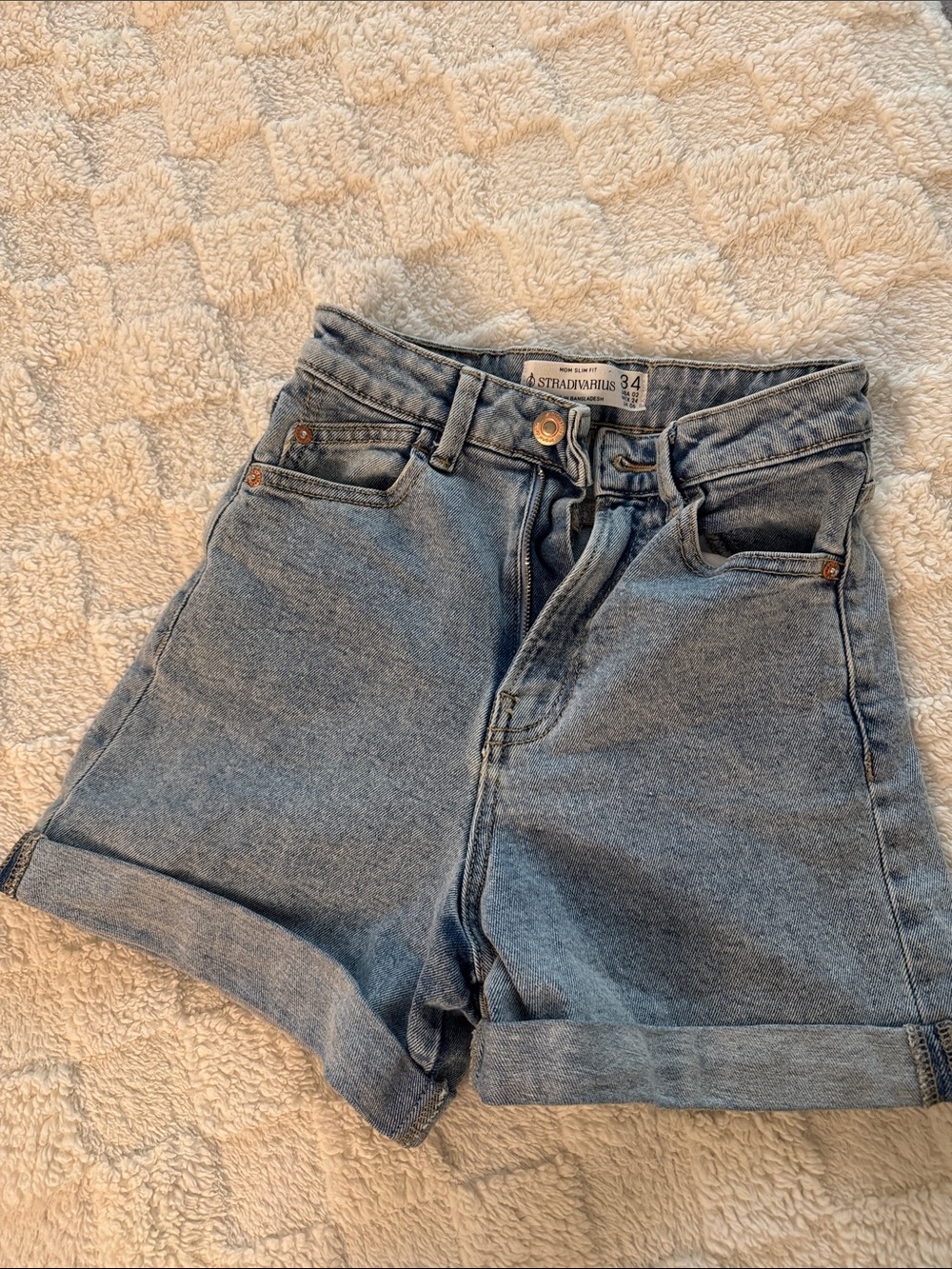 stradivarius Light Blue High-Waist Rolled Hem Denim Shorts